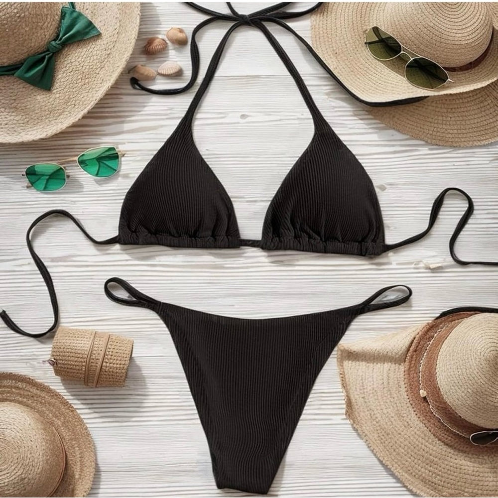 SOLD NWOT Black Ribbed Cheeky Bikini Set